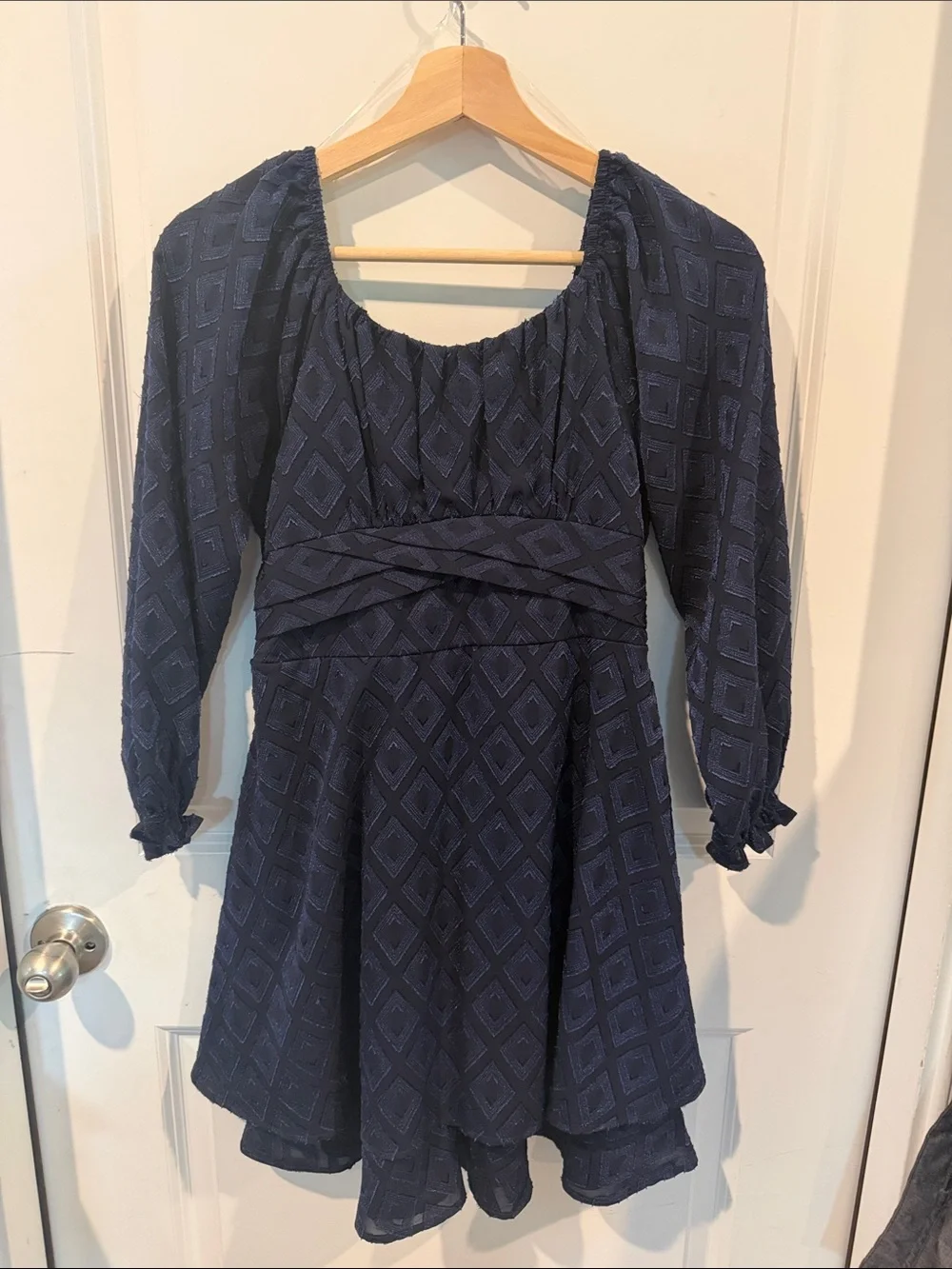 Speechless Navy Blue Textured Long Sleeve Formal Dress